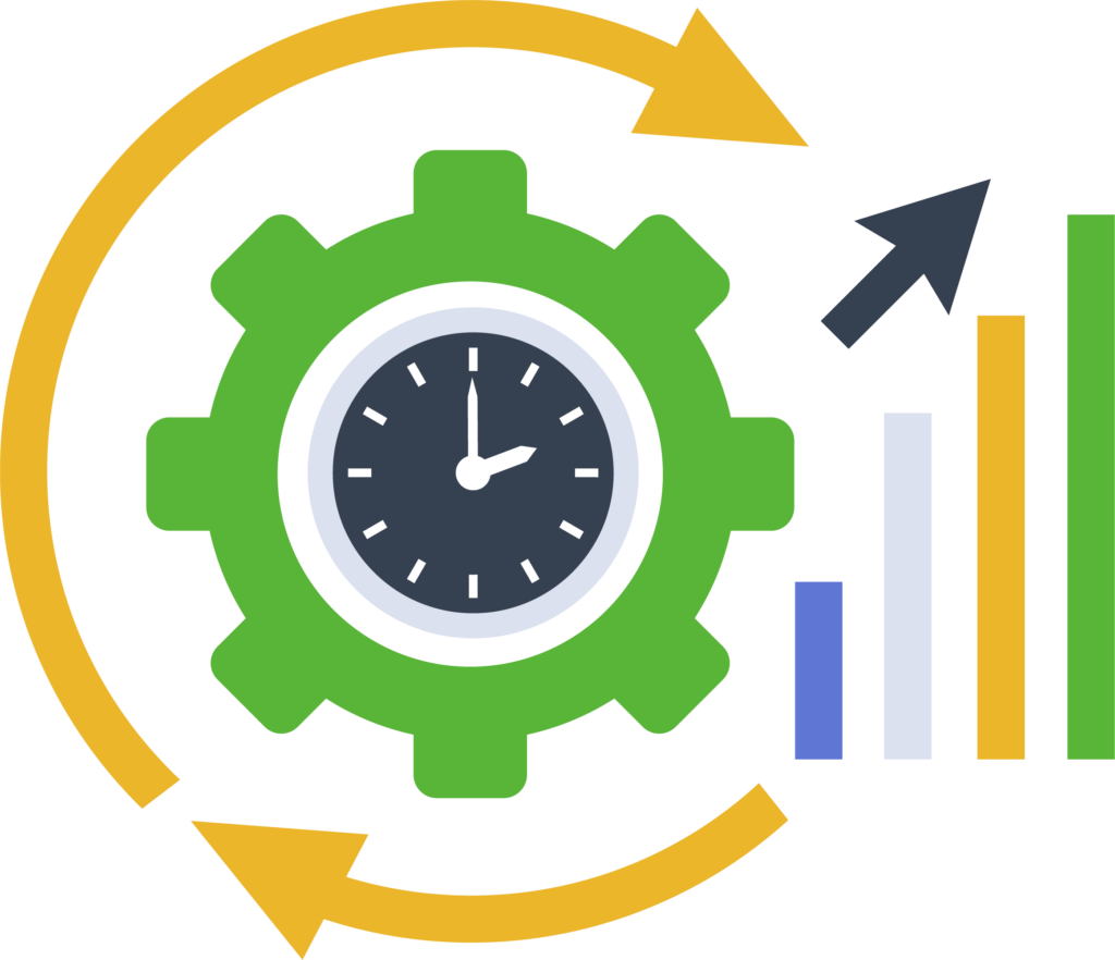 Clock face with arrow showing upward growth over time