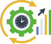 Clock face with arrow showing upward growth over time