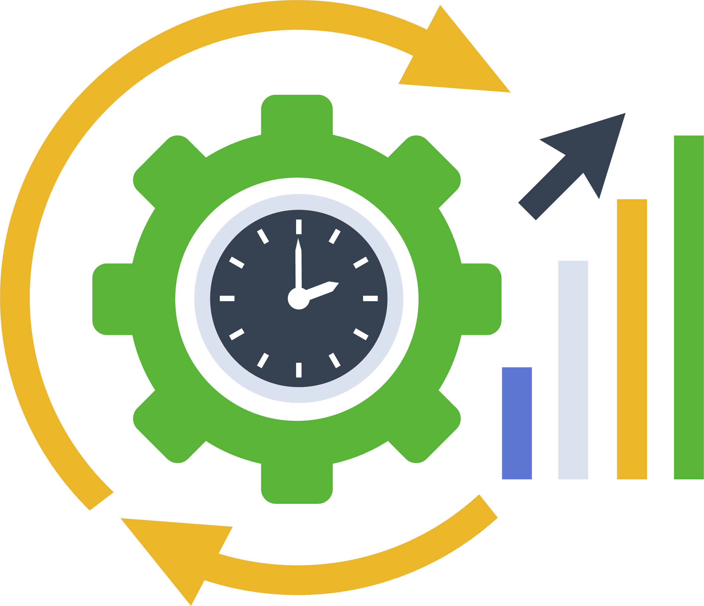 Clock face with arrow showing upward growth over time