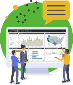 data team of 3 people, 1 person showing insights on a LeapFrogBI data dashboard screen